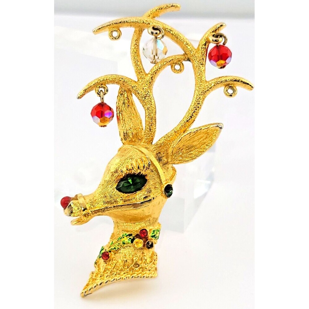 Repair Vintage Signed Mylu Rudolph Red Nose Reindeer Christmas Brooch Pin 3"